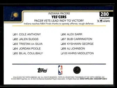 2025-26 Topps Yes’Cers: Pacer Vets Lead Indy To Victory #280 Pacers
