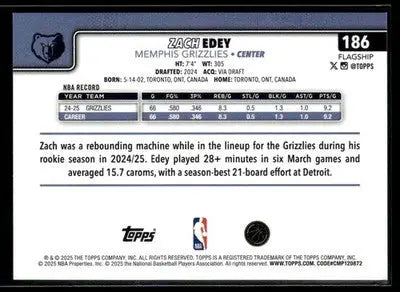2025-26 Topps Zach Edey #186 Base Memphis Grizzlies - Basketball Card Single