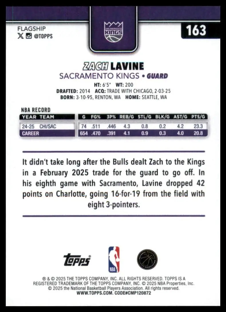 2025-26 Topps Zach LaVine #163 Sacramento Kings Basketball Card NBA Sports - Trading Card