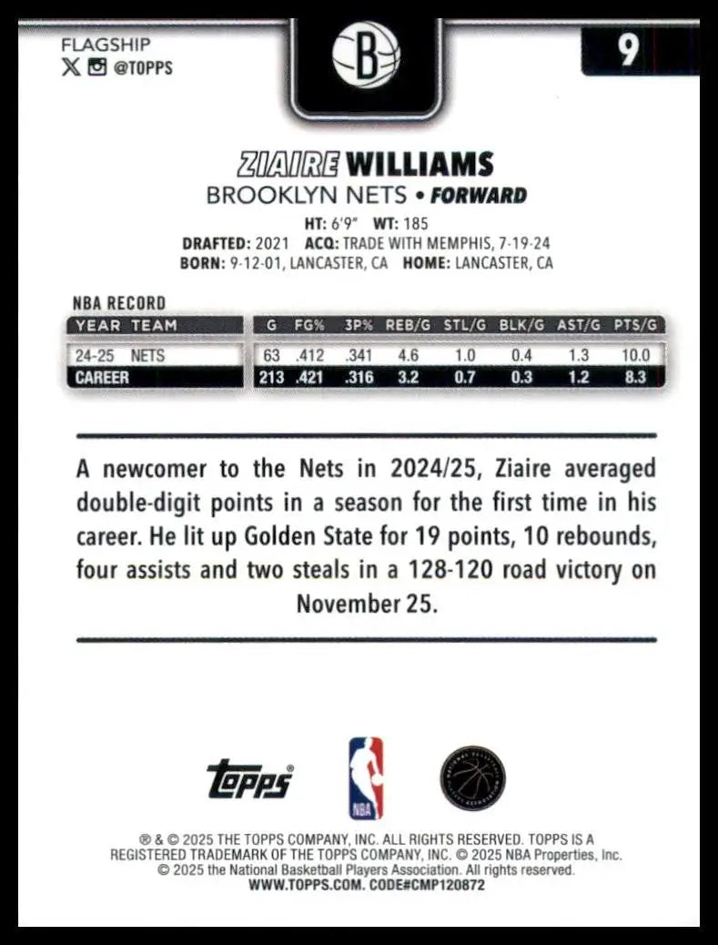 2025-26 Topps Ziare Williams #9 Brooklyn Nets Basketball Card NBA Sports - Basketball Card Single