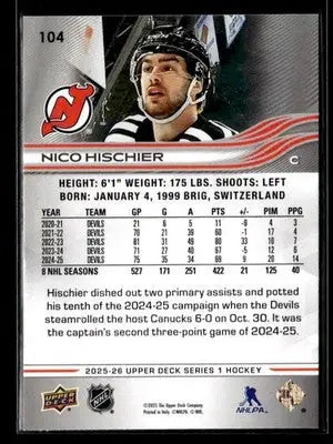 2025-26 Upper Deck #104 Nico Hischier - Hockey Card Single