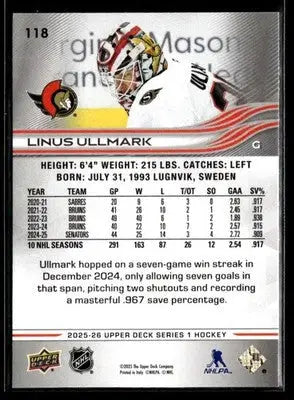 2025-26 Upper Deck #118 Linus Ullmark - Hockey Card Single