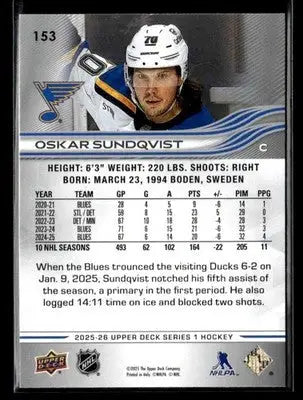 2025-26 Upper Deck #153 Oskar Sundqvist - Hockey Card Single