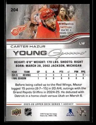 2025-26 Upper Deck #204 Carter Mazur - Hockey Card Single