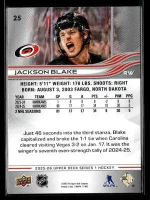 2025-26 Upper Deck #25 Jackson Blake - Hockey Card Single