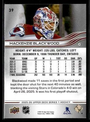 2025-26 Upper Deck #39 Mackenzie Blackwood - Hockey Card Single