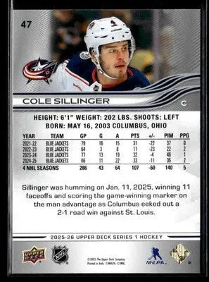 2025-26 Upper Deck #47 Cole Sillinger - Hockey Card Single