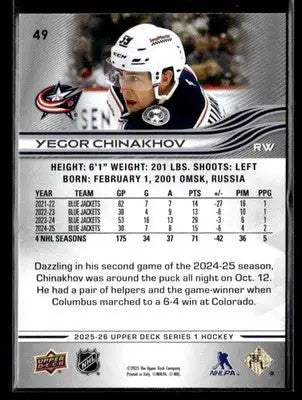 2025-26 Upper Deck #49 Yegor Chinakhov - Hockey Card Single
