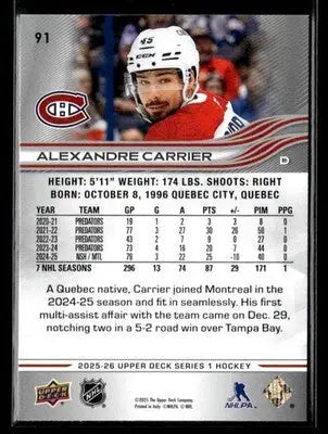 2025-26 Upper Deck #91 Alexandre Carrier - Hockey Card Single