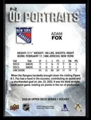 2025-26 Upper Deck #P-2 Adam Fox UD Portraits - Hockey Card Single