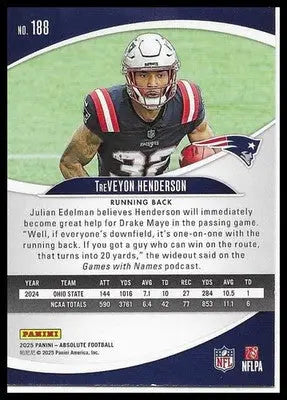 2025 Absolute #188 TreVeyon Henderson Purple Parallel RC New England Patriots RB - Football Card Single