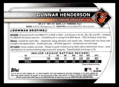 2025 Bowman #2 Gunnar Henderson - Baseball Card Single