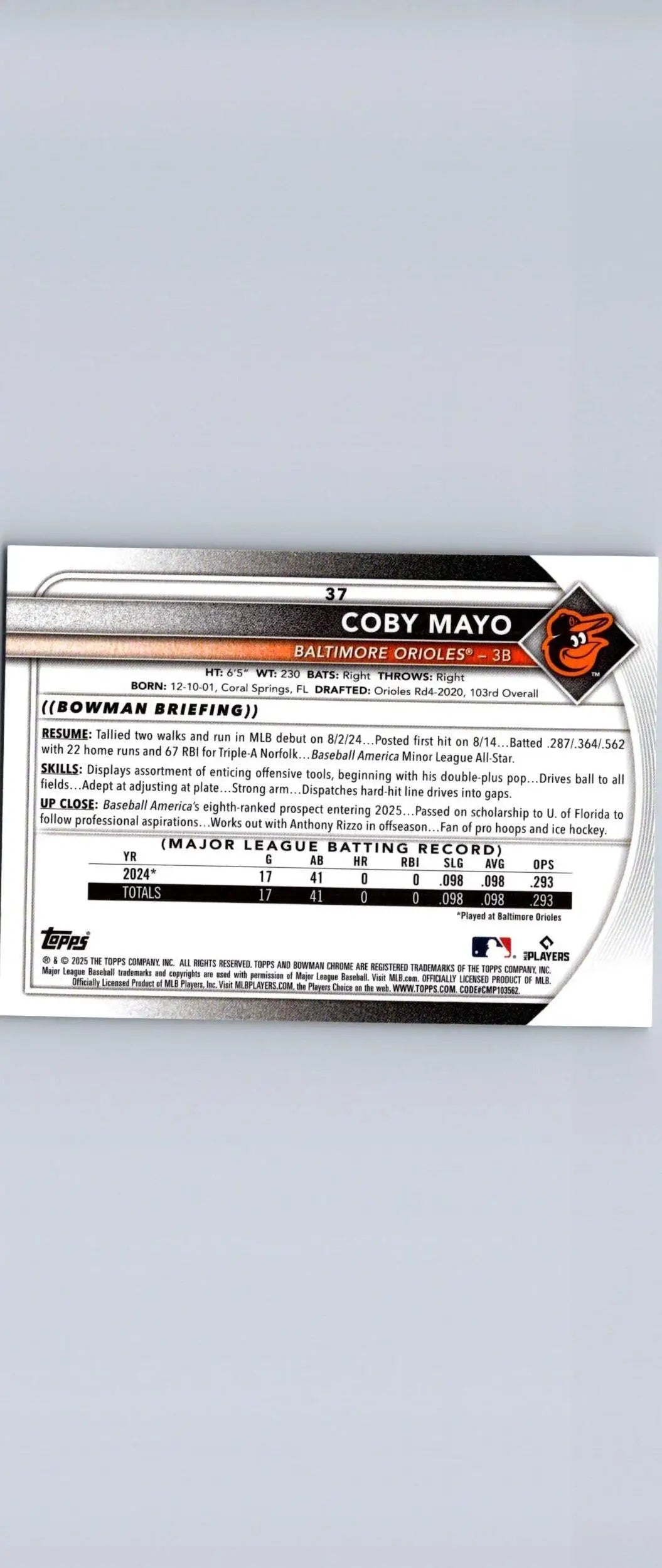 2025 Bowman Coby Mayo Chrome Mojo Refractor baseball card showcasing Coby Mayo Bowman collection