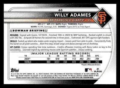 2025 Bowman #60 Willy Adames - Baseball Card Single