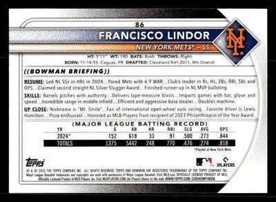 2025 Bowman #86 Francisco Lindor - Baseball Card Single