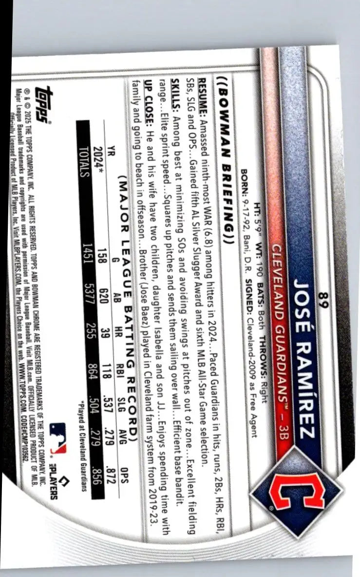 2025 Bowman José Ramírez Chrome Mojo Refractor baseball card showcasing chrome mojo design