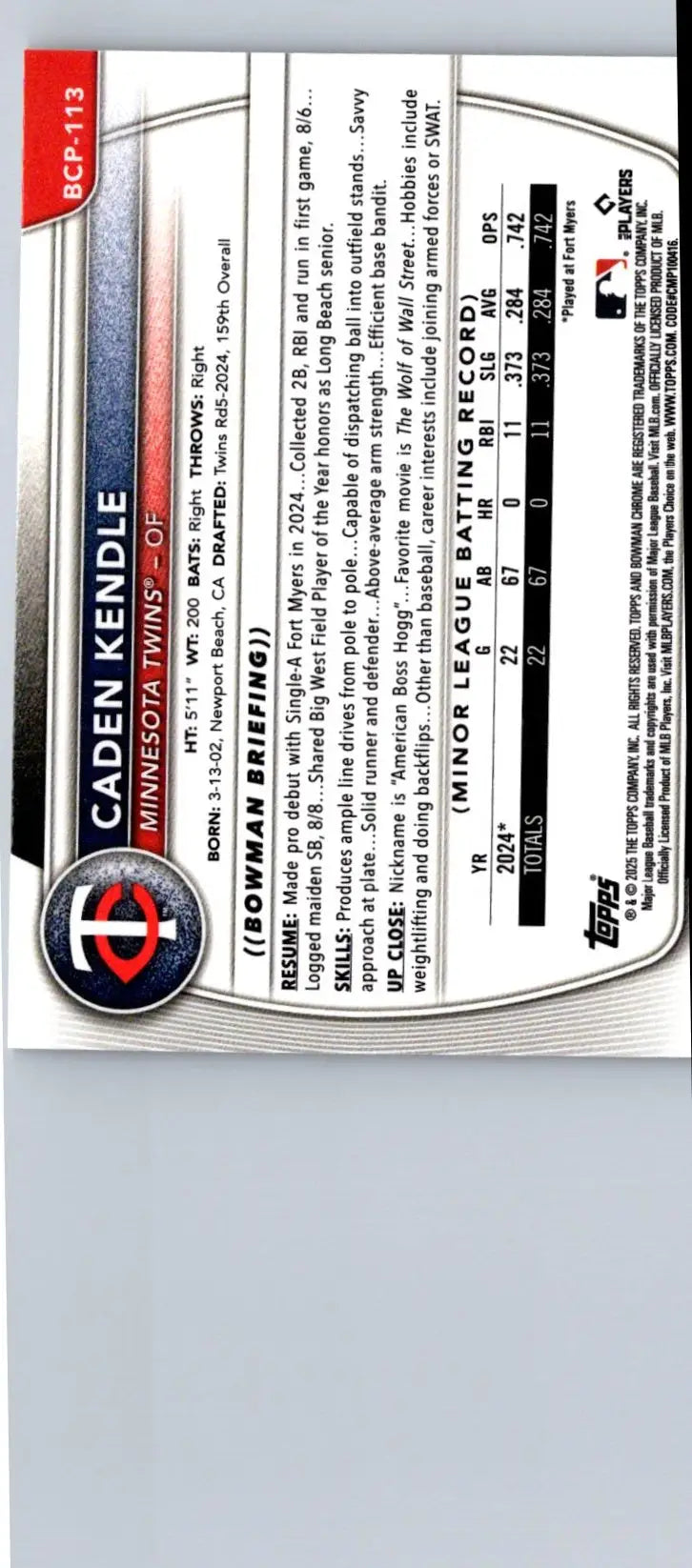 Baseball trading card of Caden Kendle from Minnesota Twins, 2025 Bowman Chrome Prospects
