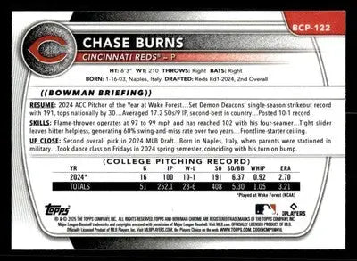 2025 Bowman #BCP-122 Chase Burns Chrome Prospects - Baseball Card Single