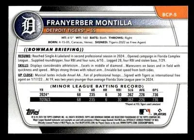 2025 Bowman #BCP-5 Franyerber Montilla Chrome Prospects - Baseball Card Single