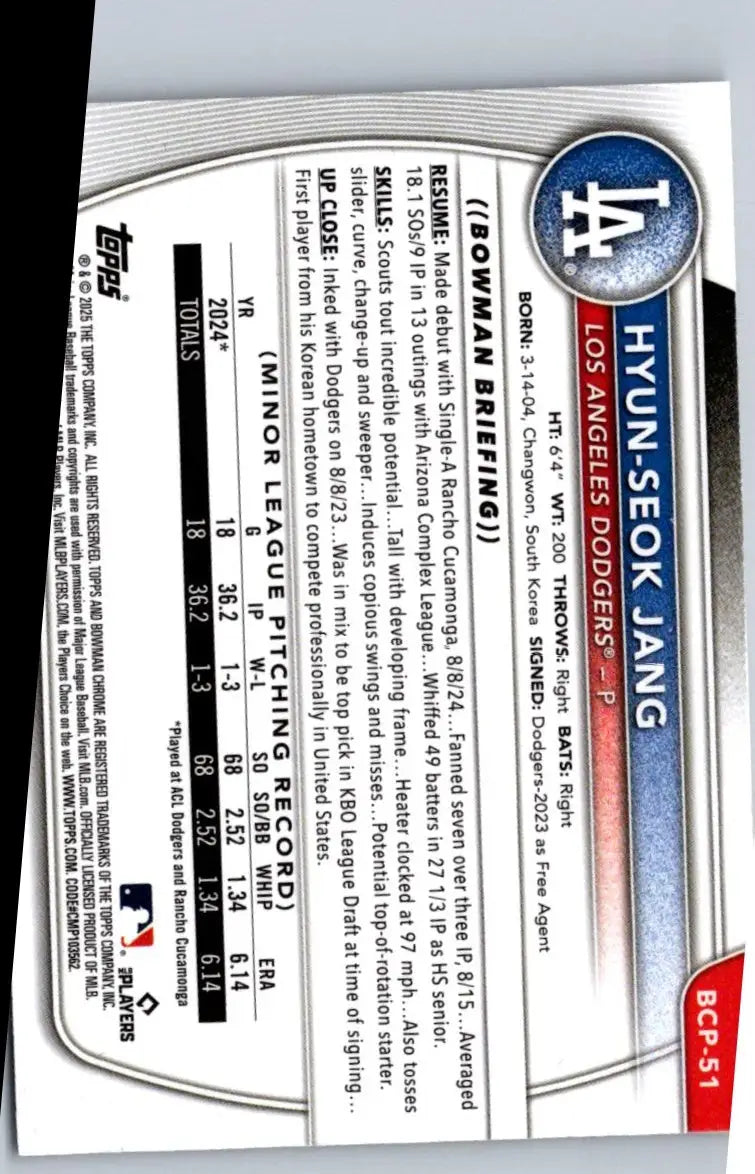Hyun-Seok Jang chrome prospects mojo refractor baseball card in 2025 Bowman set