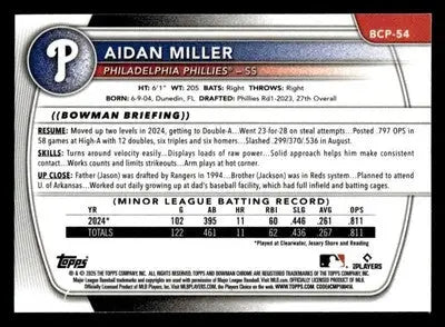 2025 Bowman #BCP-54 Aidan Miller Chrome Prospects - Baseball Card Single