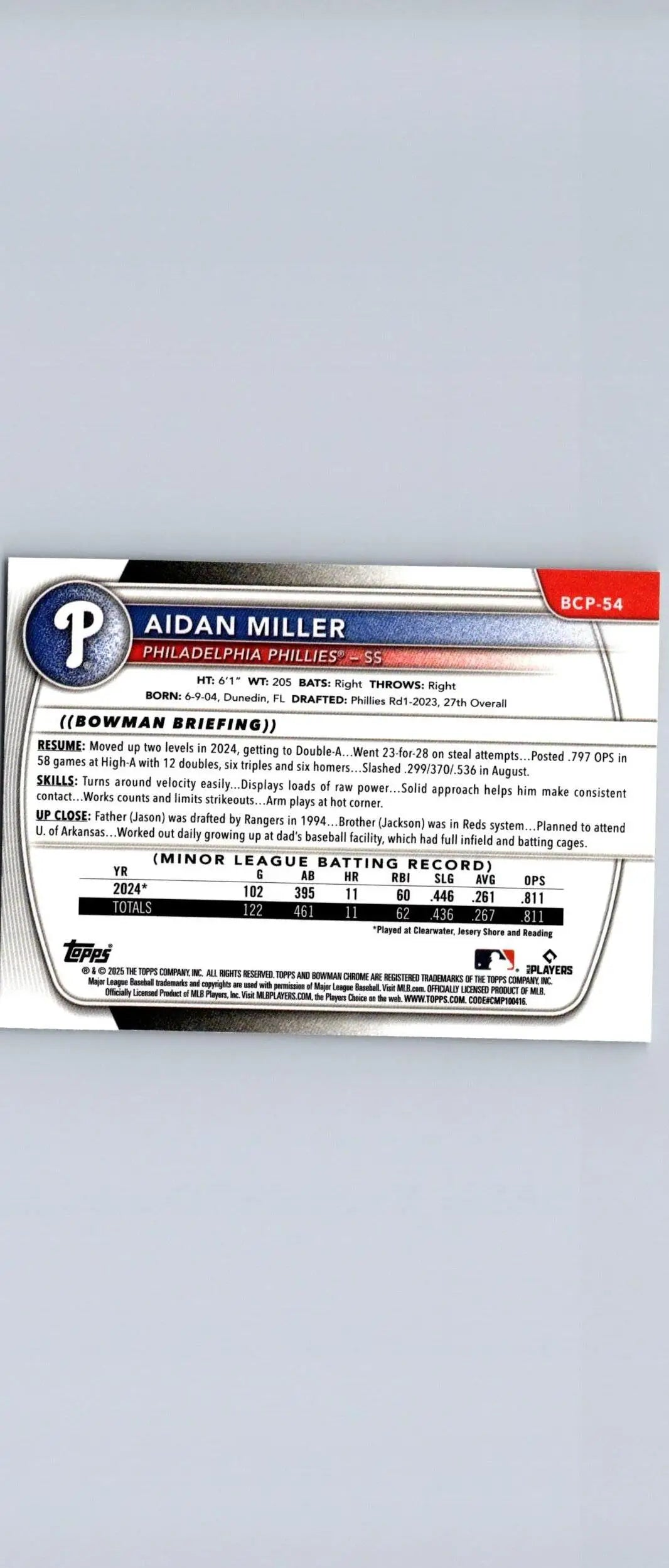 Baseball card back from 2025 Bowman Aidan Miller Chrome Prospects miller chrome prospects
