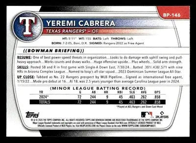 2025 Bowman #BP-146 Yeremi Cabrera Prospects - Baseball Card Single