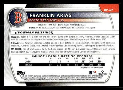 2025 Bowman #BP-67 Franklin Arias Prospects - Baseball Card Single