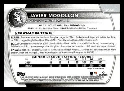 2025 Bowman #BP-68 Javier Mogollon Prospects - Baseball Card Single