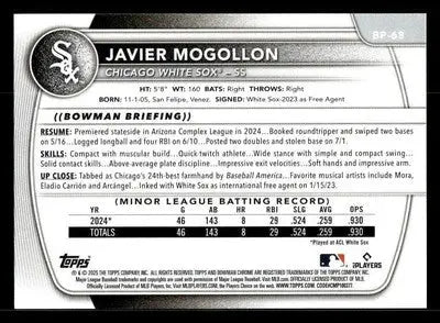 2025 Bowman #BP-68 Javier Mogollon Prospects - Baseball Card Single