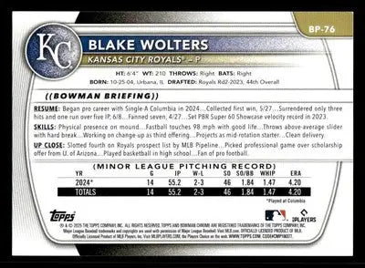 2025 Bowman #BP-76 Blake Wolters Prospects - Baseball Card Single