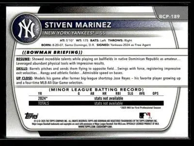 2025 Bowman Chrome #BCP-189 Stiven Marinez - Baseball Card Single