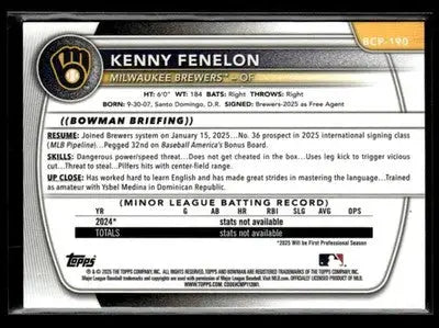 2025 Bowman Chrome #BCP-190 Kenny Fenelon - Baseball Card Single