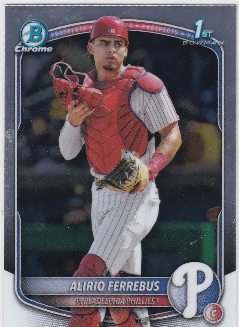 2023 Bowman Chrome Alirio Ferrebus 1st Bowman Phillies baseball card featuring the catcher