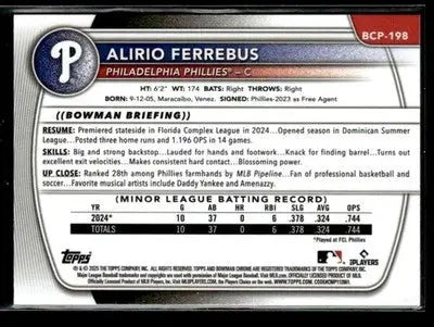 2025 Bowman Chrome #BCP-198 Alirio Ferrebus - Baseball Card Single