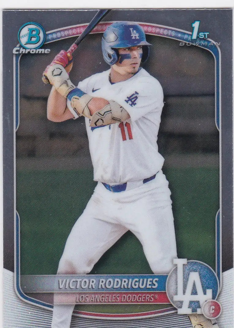 Baseball card of Victor Rodrigues 1st Bowman Dodgers from 2025 Bowman Chrome