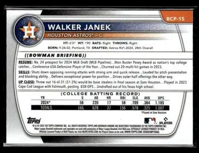 2025 Bowman - Chrome Prospects Mojo Refractor Walker Janek #BCP-15 Astros - Baseball Card Single