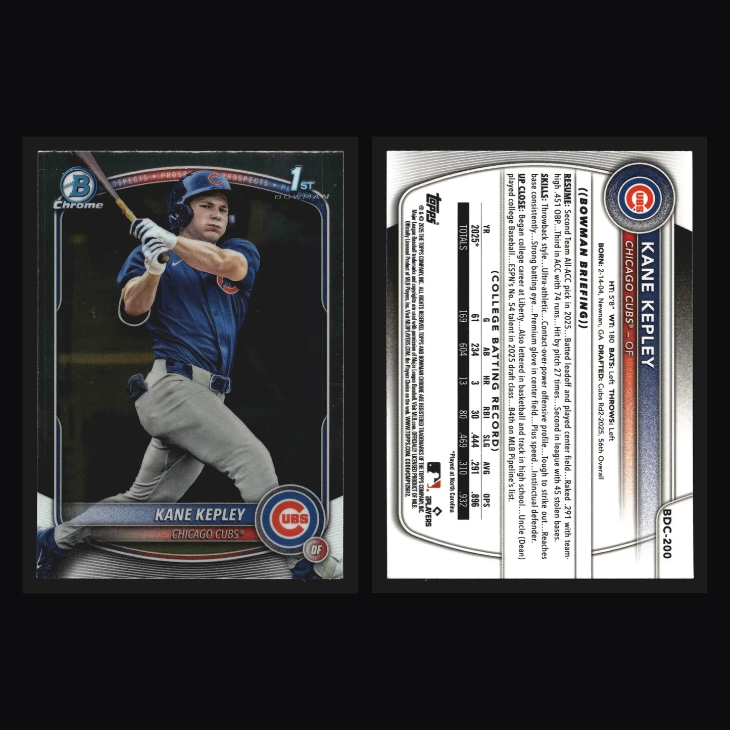 2025 Bowman Draft Chrome #BDC-200 Kane Kepley 1st Bowman RC Cubs - Baseball Card Single