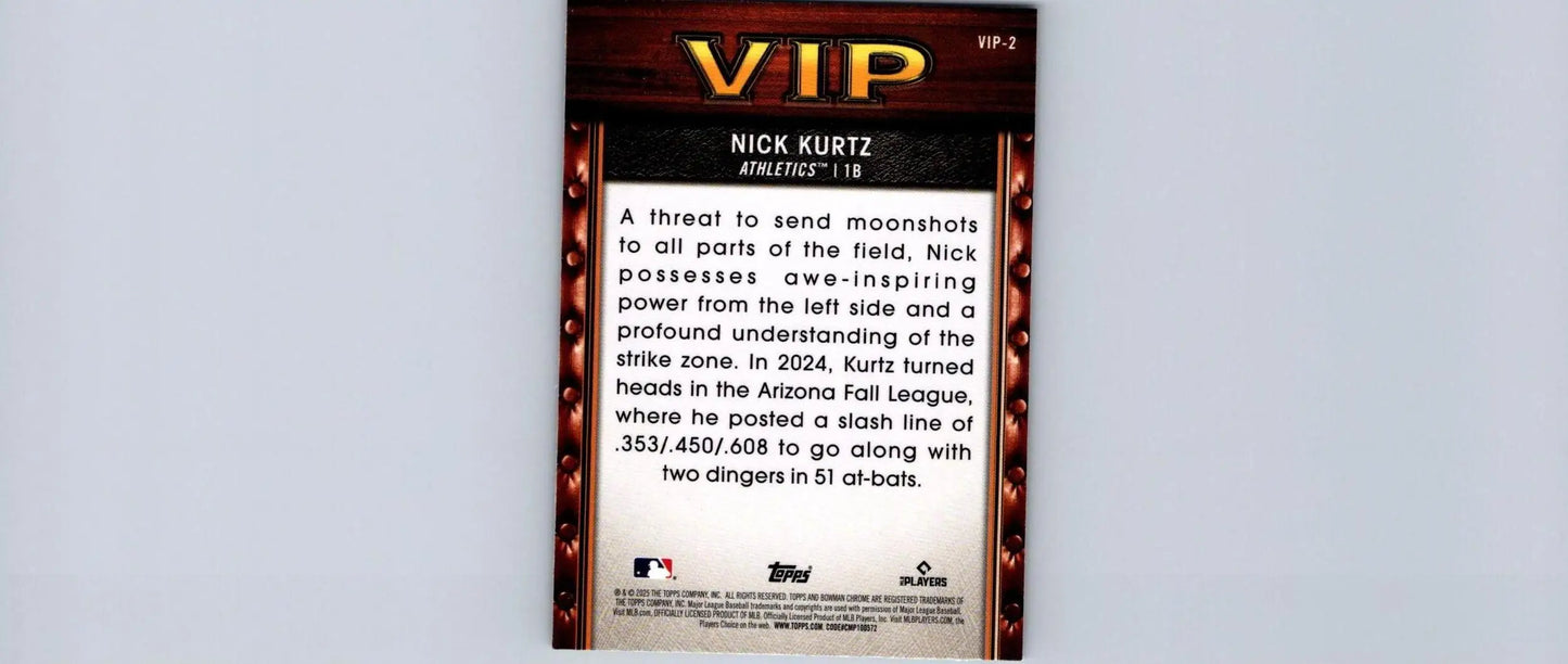 Baseball card of Nick Kurtz from 2025 Bowman VIP-2 Important Prospects series