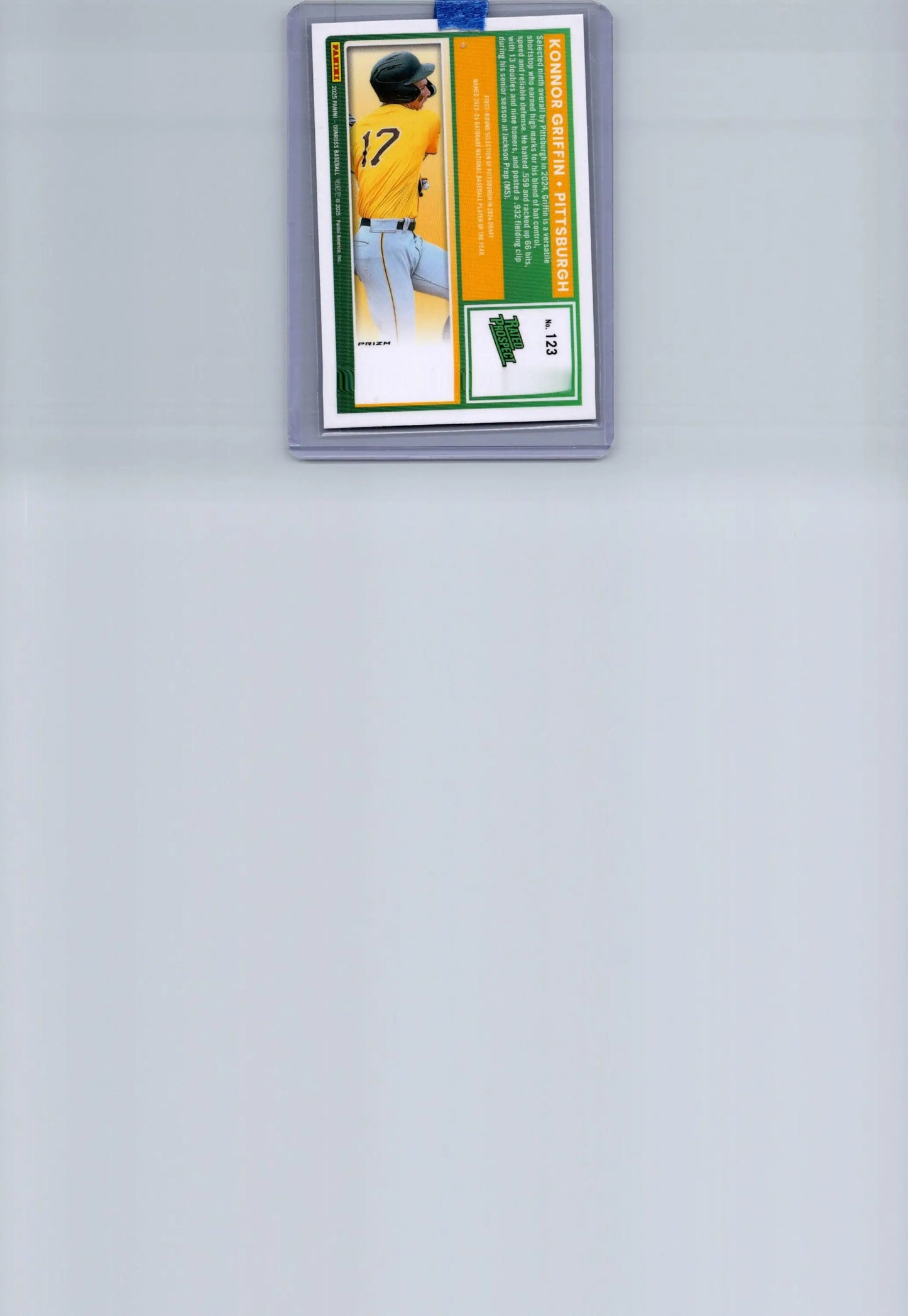 Baseball trading card of Konnor Griffin in protective sleeve from Griffin Optic Blue series