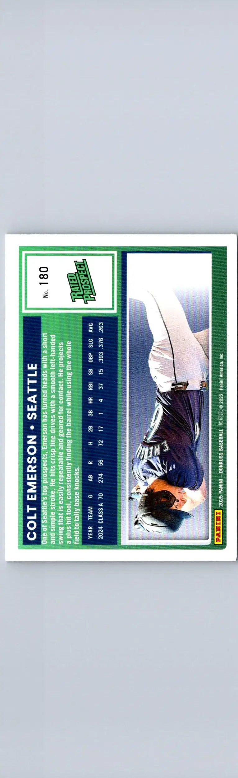 Back of 2025 Donruss Colt Emerson baseball trading card for Seattle Mariners