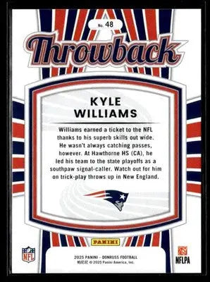 2025 Donruss #48 Kyle Williams Rated Rookies Throwback RC New England Patriots - Football Card Single