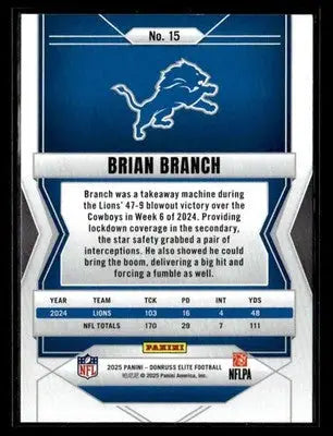2025 Donruss Elite Brian Branch #15 Detroit Lions - Football Card Single
