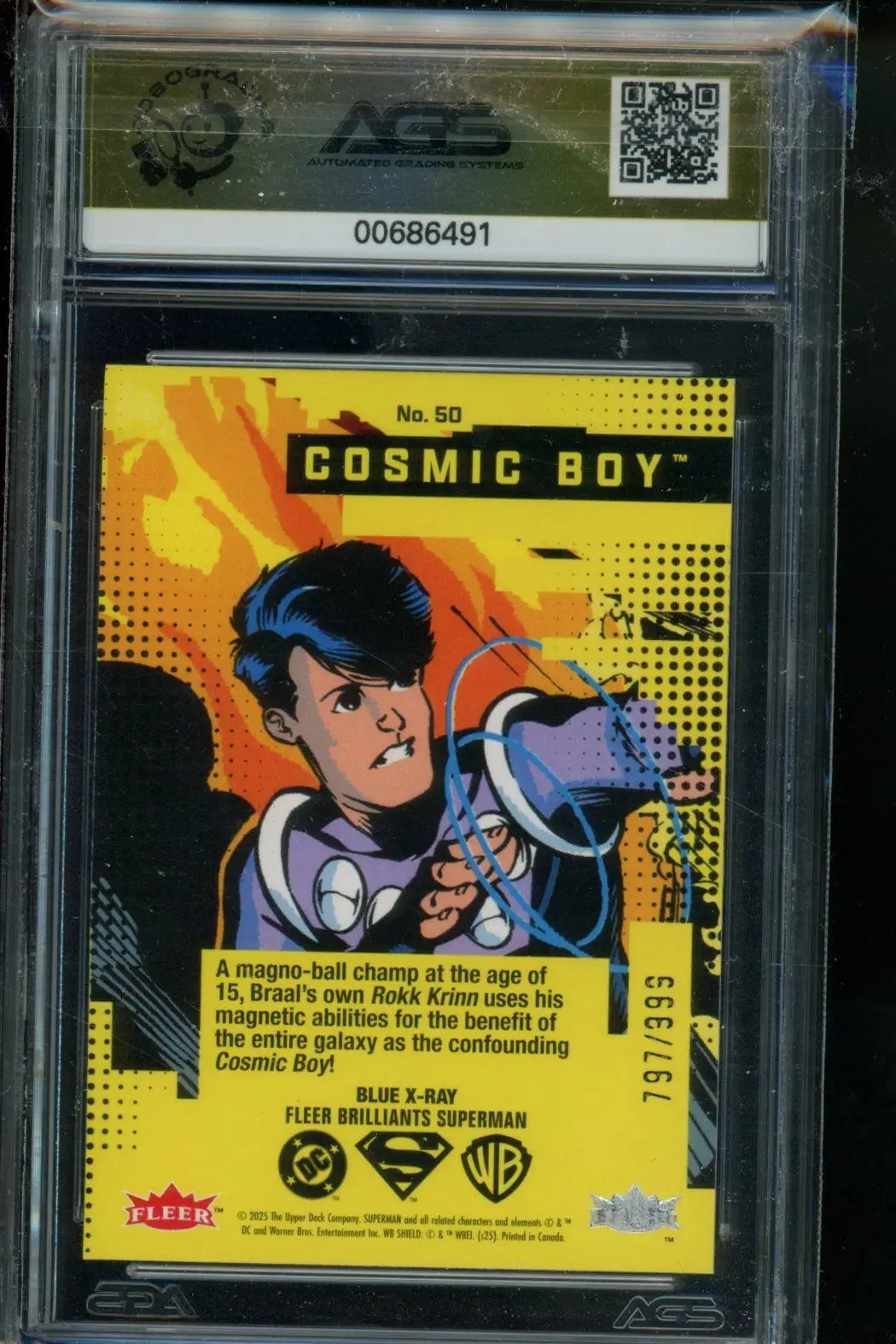 2025 Fleer Brilliants Superman Cosmic Boy Blue X-Ray 797/999 #50 AGS 10 - Non-Sports Card Single