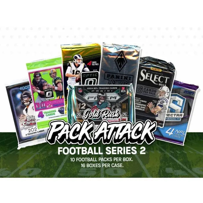 Assortment of football trading card packs from 2025 Gold Rush Pack Attack Football Series 2 Box