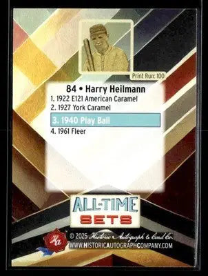 2025 HA All-Time Sets Harry Heilmann #84 Tier 5 #/100 (1940 Play Ball) Tigers - Baseball Card Single