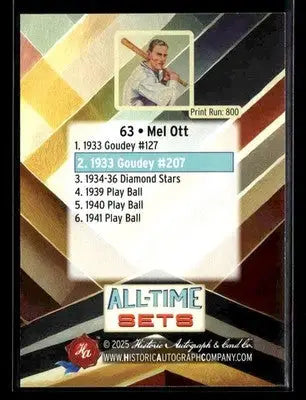 2025 HA All-Time Sets Mel Ott #63 Tier 1 #/800 (1933 Goudey) Giants - Baseball Card Single