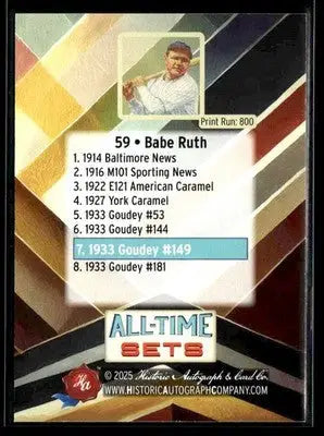 2025 HAC All-Time Sets Babe Ruth #59 Tier 1 #/800 (1933 Goudey) Yankees