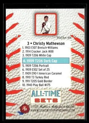 2025 HAC All-Time Sets Christy Mathewson #3 Tier 2 #/400 (1909 T206 Dark Cap) - Baseball Card Single