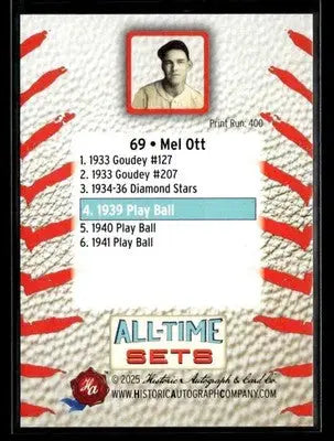 2025 HAC All-Time Sets Mel Ott #69 Tier 2 #/400 (1939 Play Ball) Giants - Baseball Card Single